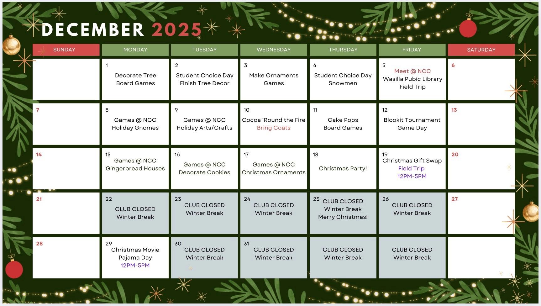 Northgate Calendar December 2025